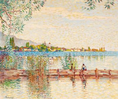 Lake Biel shore with two boys fishing by Jan Pieter Terwey - Auction record, sale price, and art valuation. Compare with similar artists and explore comparable artworks.