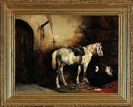 "Lesender Landsknecht bei seinem Pferd im Stall"