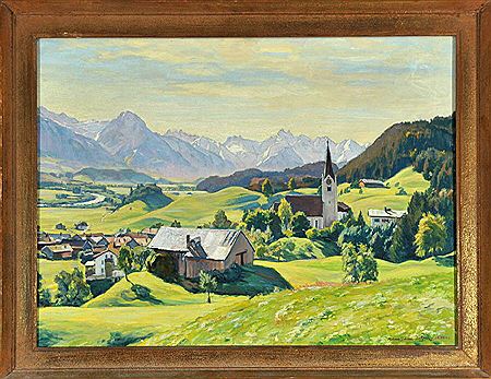 "Dorf mit Blick auf die Allgäuer Alpenkette"
