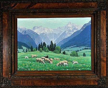"Spielmannsau mit Schafen und Blick auf die Trettachspitze"