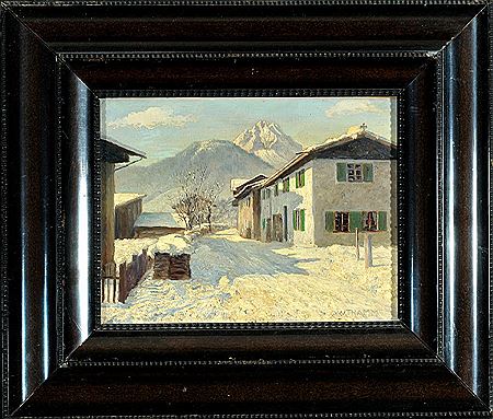 "Dorfansicht in winterlicher Voralpenlandschaft"