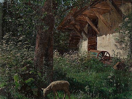 Grazing Lamb in Front of a Farmhouse