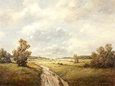 Süddeutsche Landschaft m. Feldweg u. Dorfansicht im Hintergrund