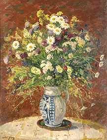 Blumenstillleben m. einem bunten Wiesenblumenstrauß in Steinkrug by Oskar Frey - Auction record, sale price, and art valuation. Compare with similar artists and explore comparable artworks.