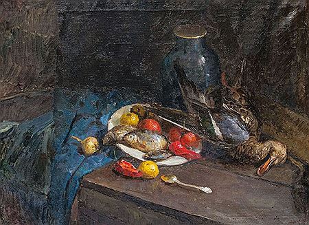 Still life with fruit, fish and poultry by Vassili Andrejevich Nejasov - Auction record, sale price, and art valuation. Compare with similar artists and explore comparable artworks.