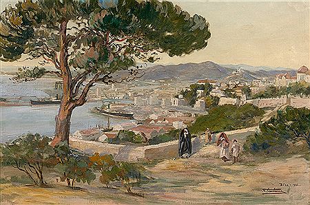 Bône, vue sur le port et la basilique Saint Augustin, 1936