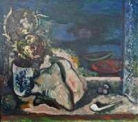 "Stilleben am Fenster" mit Muschel und Sonnenblumen, Blick zum Ufer mit Fischerbooten