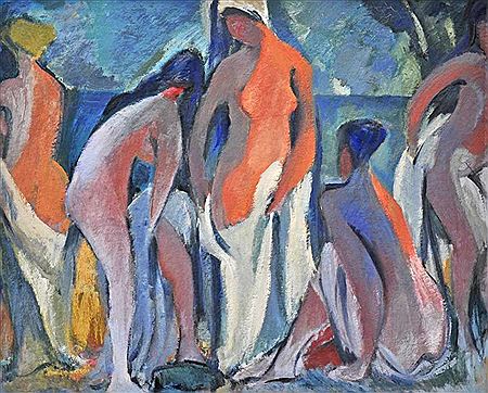 "Badende" Gruppe von badenden Frauen mit Tüchern"
