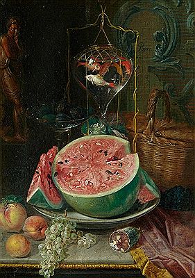 Still Life of watermelon, fishbowl, basket, peaches and grapes