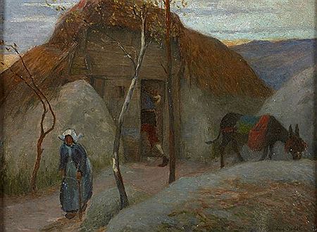 Personnages devant leurs chaumières en Bretagne (2)