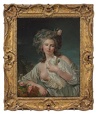 Jeune femme au panier de roses et à la colombe