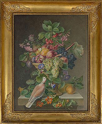 Corbeille de fruits et fleurs sur un entablement de pierre sur lequel repose une tourterelle