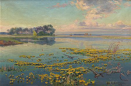 River with yellow water lilies, 1957.