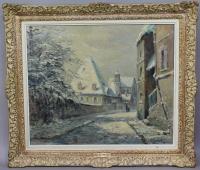 "Promeneurs dans le village enneigné"