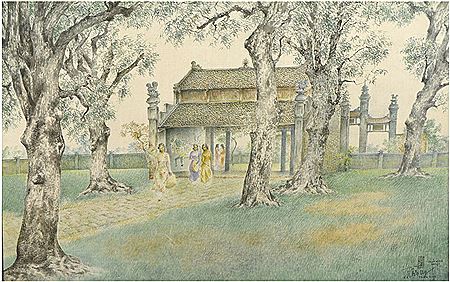 YOUNG WOMEN IN FRONT OF A TEMPLE