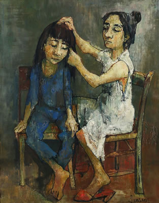 Mother trimming her daughter’s hair