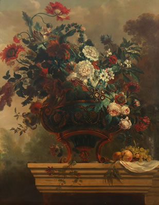 Outdoor still-life with flowers in a vase on a ledge