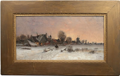 Wintry Townscape with a figure on a donkey, 1878