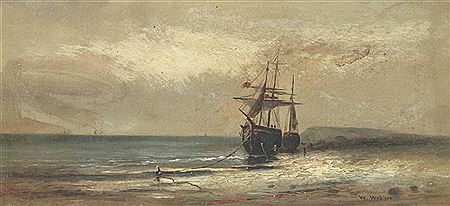 Two ships moored astride the beach
