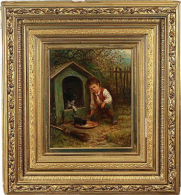 Continental genre scene depicting a boy feeding milk to a puppy outside a doghouse