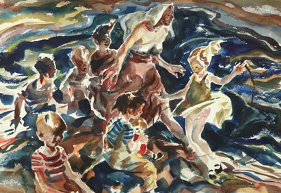 A woman and children playing
