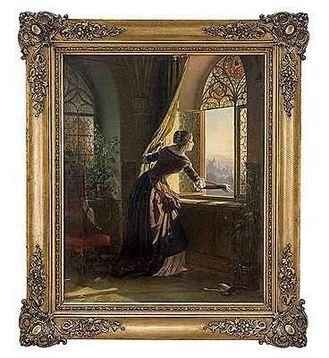 Burginterieur mit Dame, die aus dem Fester blickt. 1849