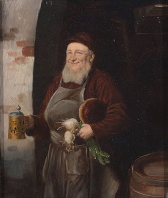 "Chef emerging from wine cellar bearing Egyptian walking onions, a German beer stein, and a top round roast (or loaf of bread)"