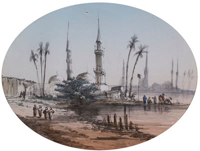 Distant City in the East: Minarets. Palm Trees. amd Domed Building at River's Edge