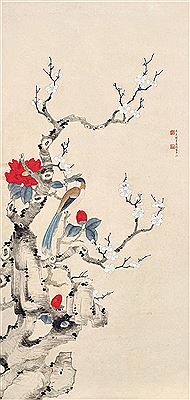 MAGPIE PERCHING BY BLOSSOMS