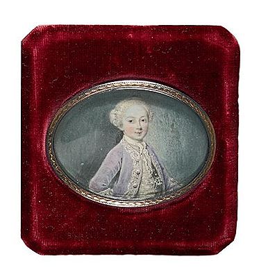 Portrait de Louis-Joseph-Xavier de France, duc de Bourgogne, en buste de trois-quarts vers la droite, presque de face, en habit de soie parme rebrodé d'argent, portant la petite croix du Saint Esprit et une perruque poudrée à rouleaux à petit catogan de v