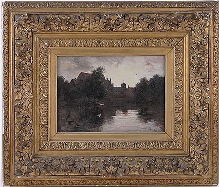 River landscape with ducks on the water