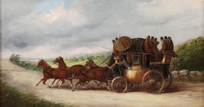 The Bristol to Bath coach in a rainstorm; and a coach in snow outside an Inn (pair)