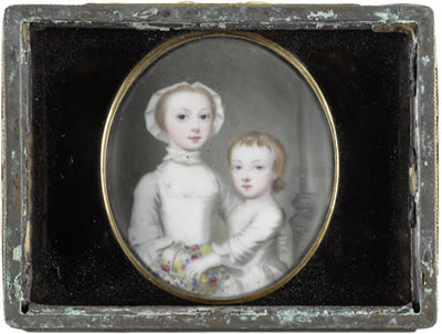 A portrait miniature of a young girl with her younger sibling