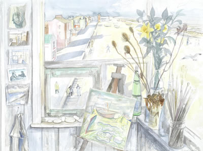 View from artist's studio, Aldeburgh by Richard Bawden - Auction record, sale price, and art valuation. Compare with similar artists and explore comparable artworks.