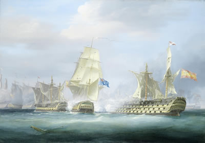 Captain Collingwood's 74-gun Excellent engaging two enemy vessels, including the mighty 110-gun Spanish 4-decker Salvador del Mundo, at the battle of Cape St. Vincent, 14th February 1797