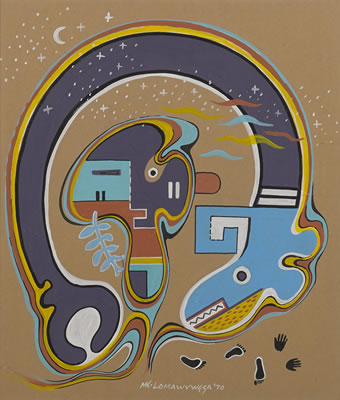Depicting a water serpent and kachina spirit figure
