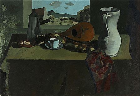 Still life with white pitcher and a mandolin.