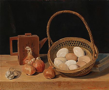 Still life with eggs, onions, garlic and a chinese teapot.