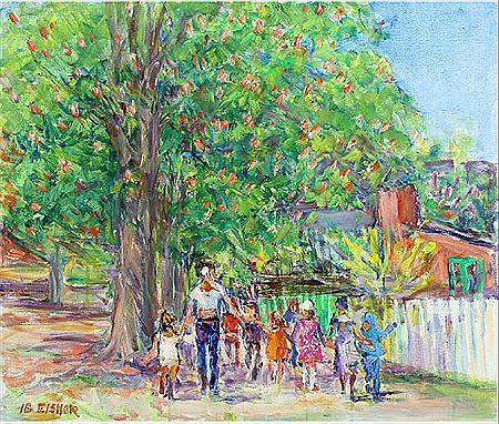 Summer landscape with walking persons.