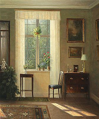 Interior from a living room with Empire furniture and natural light from the garden by Hans (Hilsoe) Hilse - Auction record, sale price, and art valuation. Compare with similar artists and explore comparable artworks.