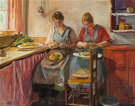 Sunlight in the kitchen with two young women preparing vegetables.