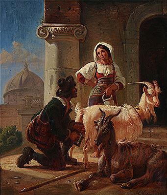 Italian scene with a young couple and goats.