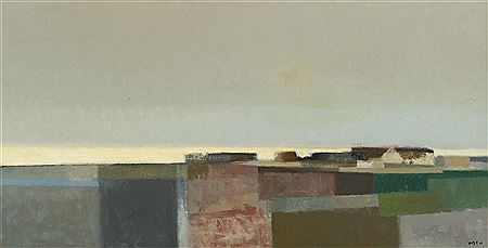 Landscape over open fields with a farm in the background.