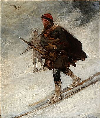 "Birkebeiners". Two skiers battling the snow