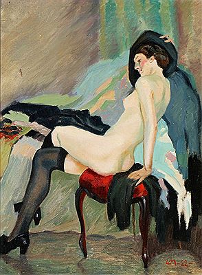 Bedroom interior with a halfnaked woman.