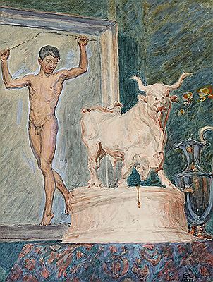 Interior with a copy of Joakim Skovgaard's study of a male nude and Theodor Philipsens ceramic bull