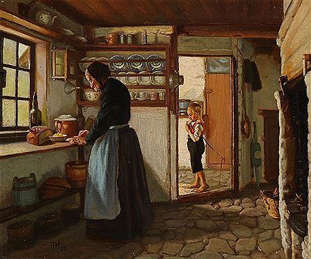 Grandmother is offering a bite to eat in the kitchen.