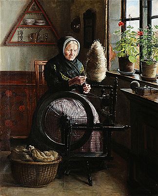 Farmhouse interior with an old woman by the spinning wheel.