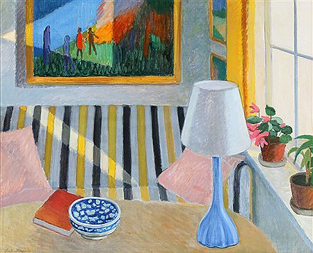 Interior from a sitting room by a window.