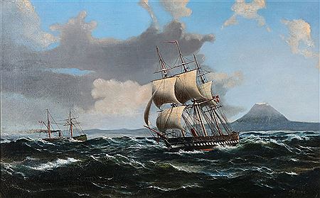 Seascape with a sailing ship and a steamer.